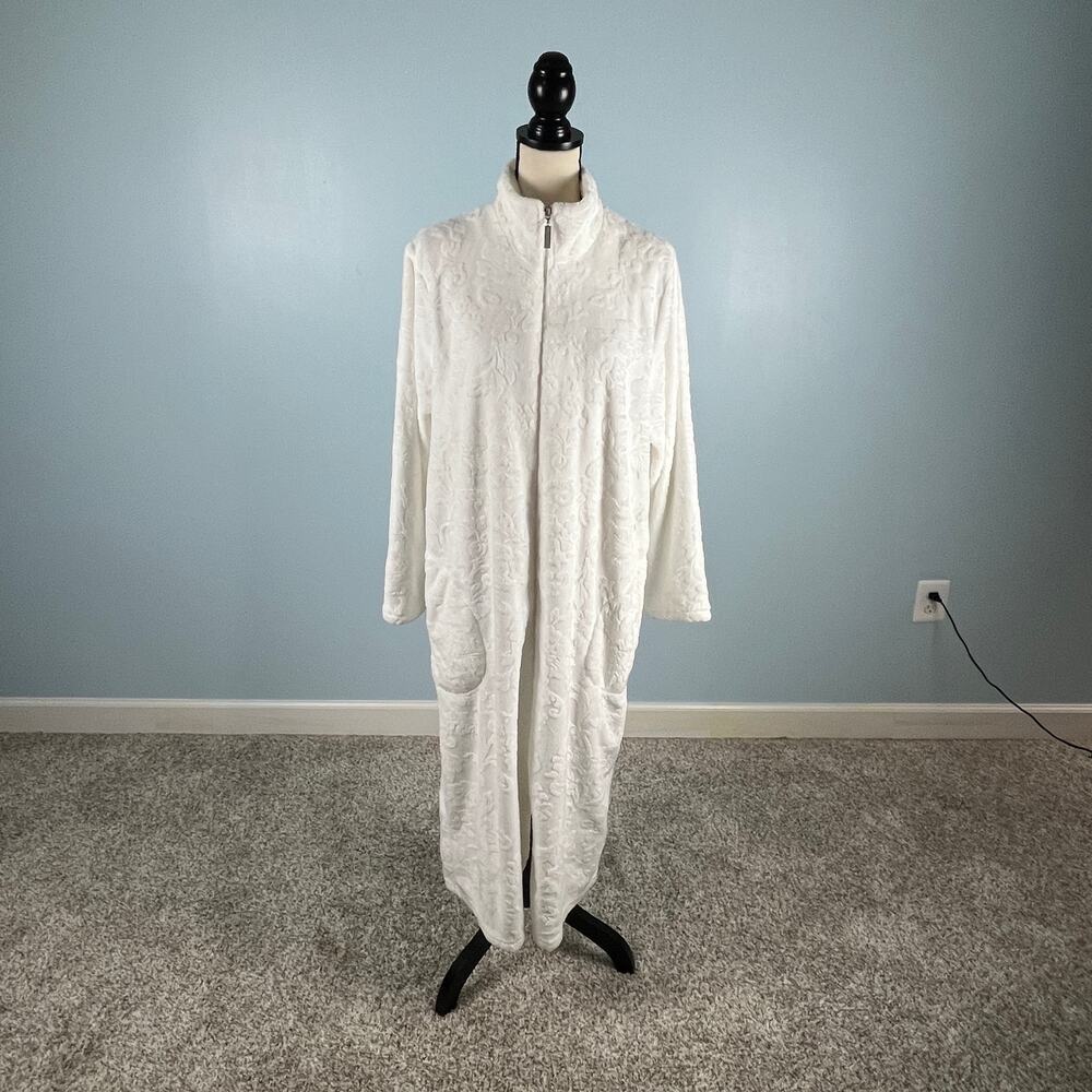 Luxury Zip Front Long Robe White Floral Texture XL Spa Loungewear grannycore